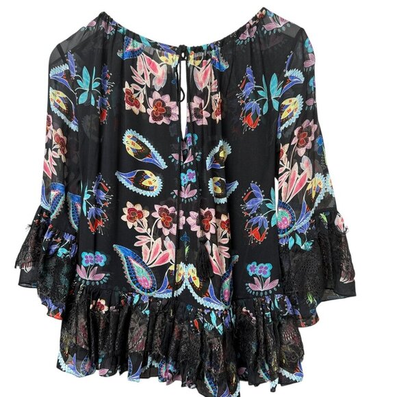 TRYB Silk Blouse XS Black Floral Chiffon Peasant Top Ruffle Lace Anthropologie - Picture 3 of 9